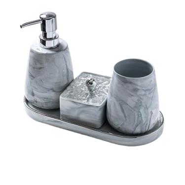 Imagem de Dispensador de sabão Conjunto de 4 produtos higiene pessoal para banheiro, incluindo: dispensador sabonete líquido, copos para enxaguatório bucal, caixa para cotonete e bandeja