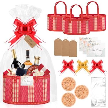 Imagem de SelfTek Pacote com 3 cestas vazias para presentes, kit de cesta de bambu com sacos de embrulho, cartão de presente, ráfia e laços, cestas de presentes para aniversário, casamento, 30 x 20 x 15 cm