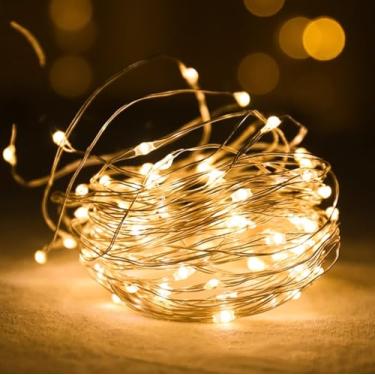 Imagem de Plugue USB Fairy Lights - Enfeite de Natal 100 luzes LED 10 m mini cordão de luzes com fio prateado, modo cintilante e estável, branco quente para casamento, festa, potes de pedreiro, decorações de