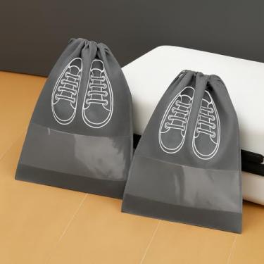 Imagem de 2 peças bolsa de armazenamento de sapatos com cordão, organizador transparente para sapatos e toalhas, tecido não tecido, Cinza, Large, Bolsa de armazenamento de sapatos