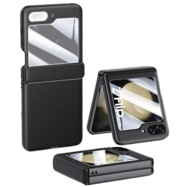 Imagem de Para samsung galaxy z flip5 dobradiça caso de telefone para samsung z flip 5 flip5 zflip5 5g filme de vidro temperado capa de couro, preto, para samsung z flip 5