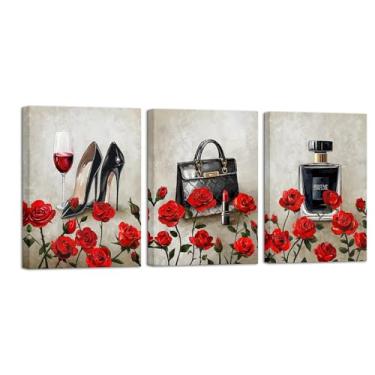 Imagem de iHAPPYWALL 3 Peças Moda Arte de Parede Flores Vermelhas Pintura Perfume Impressão Arte Bolsa de Mão Salto Alto Imagem Presente para Meninas Decoração de Salão de Beleza