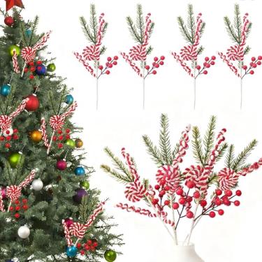 Imagem de 4 peças de decoração de árvore de Natal de bengala doce, palitos de Natal dobráveis de 35,5 cm para topo de árvore, flores artificiais, enfeite de baga para vaso de Natal