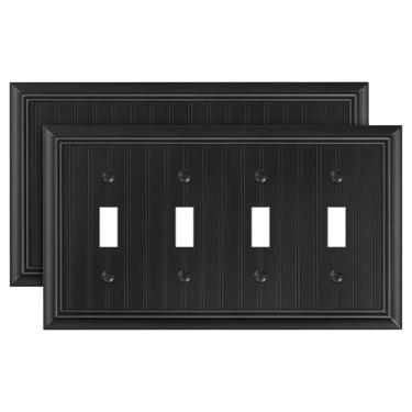 Imagem de Pacote com 2 placas clássicas para interruptores de luz quádrupla, placa decorativa preta, placa de parede de fibra de bambu natural, 4 gangs, para interruptor de alternância e interruptor rotativo