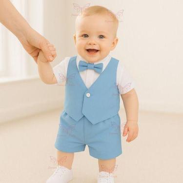 Imagem de Conjunto Infantil Social Shorts Xadrez Listrado Gravata Borboleta Bebê