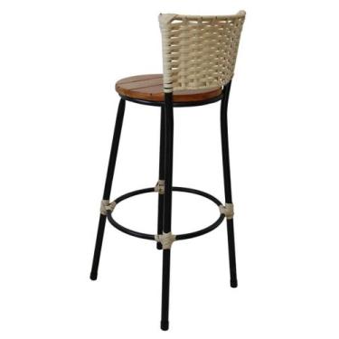 Imagem de Banqueta Líbia Aço Preto Com Encosto Assento Peroba Rosa Junco Areia -