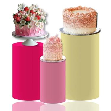 Imagem de Conjunto de 3 capas de pedestal cilíndricas coloridas, capas elásticas reutilizáveis de elastano para arco-íris, doces, brilho neon e festas temáticas de verão, chás de bebê, aniversários e decorações