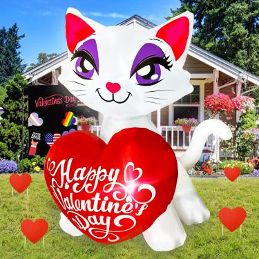 Imagem de JOYEASE Gato Branco Inflável De 4 Pés Com Coração, Iluminado Por Led, Para Decoração Romântica Festa Aniversário Casamento E Compromisso, O Dia Dos Namorados
