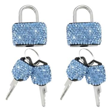 Imagem de 2 peças de mini fechaduras com chaves com strass brilhantes, cadeados de metal brilhante para bagagem, armário, mala, mochila, caixas e bolsa para laptop (azul)