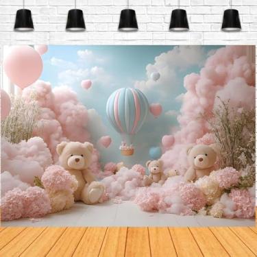 Imagem de Pano de fundo rosa para chá de bebê, urso, para crianças, meninas, primeiro aniversário, grama, caniço, fotografia, rosa, balão de ar quente, estúdio de flores, chá de panela, estúdio fotográfico (E