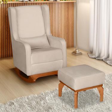 Imagem de Poltrona De Amamentação Retrô Com Balanço Pés Canoa E Puff Veludo Off White - Fratello