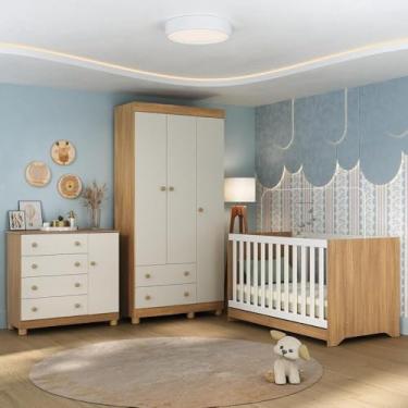 Imagem de Quarto de Bebê Completo com Berço Americano 3 em 1 Allegra Multimóveis Mp4590 Madeirado/off White