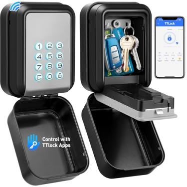 Imagem de HUANLANG Smart Key Lock Box – Caixa de bloqueio eletrônico Bluetooth para chaves, armazenamento de chave digital de montagem na parede com controle de aplicativo e tipos de código PIN, cofre à prova