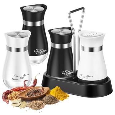 Imagem de 4 saleiros e pimenteiros, conjunto de saleiro com fundo de vidro de 118 ml com tampa de aço inoxidável, saleiro de design recarregável com suporte para utensílios de cozinha, mesa de cozinha, trailer