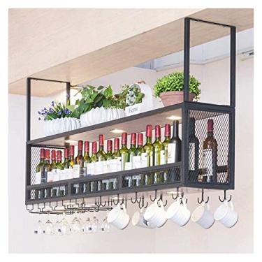 Imagem de Rack de vinho suspenso com suporte de vidro e prateleira, móveis de bar para amantes de vinho e suporte de garrafa de parede preto de madeira pendurada para garrafas de vinho/suporte de teto de metal