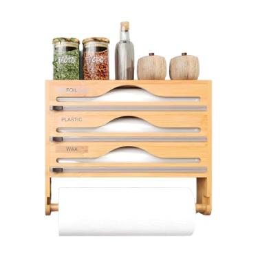 Imagem de Organizador de embrulho com cortador, dispensador de cortador de folha com etiquetas | Recipiente de armazenamento reutilizável para armazenamento de espaço para parede, apartamento, cozinha, despensa