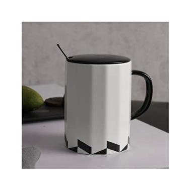Imagem de Yalych Caneca de café de cerâmica com tampa e colher, estilo geométrico simples, copos de porcelana para água/chá/leite, presente criativo, xícara de café branca (cor: cinza)