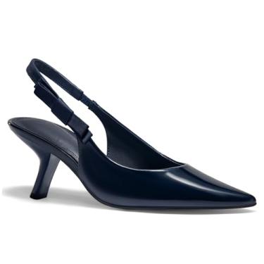 Imagem de Coutgo Sapato social feminino com salto gatinho fechado bico fino laço couro envernizado sem cadarço, Azul marino, 39