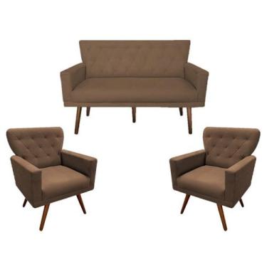 Imagem de Kit Namoradeira + 2 Poltronas Decorativa Aurora Suede Marrom Pés Madei