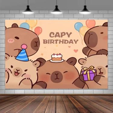 Imagem de Decoração de festa de aniversário capivara de 3,5 x 2,5 m, pano de fundo fotográfico, tema de animal fofo, cenários, adereços de cabine de fotos, banner, balões para decoração de parede, toalha de