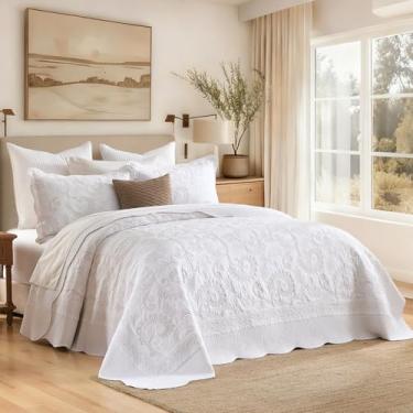 Imagem de Colchas Queen 102 x 120 – Conjunto de colcha queen grande, edredom fino leve e fino, 3 peças de pergaminhos florais bordados com borda recortada, colcha de cama reversível, 100% algodão, bege/branco