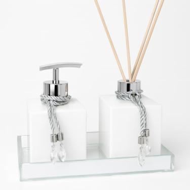 Imagem de Kit Lavabo Presente Sofisticado Vidro Aromatizador Difusor Saboneteira Decoração Banheiro Quarto(Com Bandeja,Branco Degrade C/Prata)
