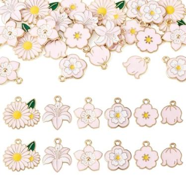 Imagem de Cheriswelry 30 pingentes de flores para fabricação de joias, pingentes de liga esmaltada, banhado a ouro, pingentes de flor rosa, 14,5 a 20 mm, para artesanato, brincos, pulseira, colar, chaveiro