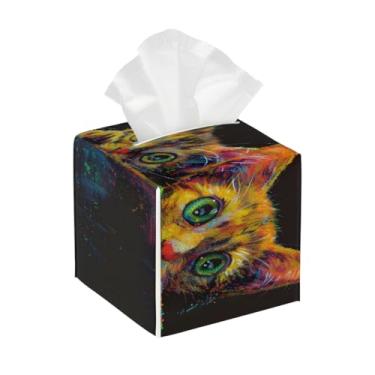 Imagem de Capa quadrada de couro para caixa de lenços de papel, impermeável, animal, adorável gato, organizador de papel facial com cinto inferior, estojo de lenços para mesa, banheiro, escritório, mesa, carro