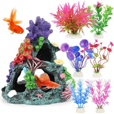 Imagem de MyLifeUNIT Plantas de aquário de peixes, conjunto de 7 peças de recifes de corais coloridos, decoração de tanque de peixes, ornamento de caverna de montanha para betta, peixe dourado, camarão, réptil