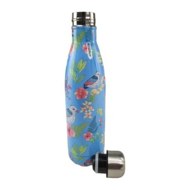 Imagem de Garrafa Térmica de Aço Inoxidável, Azul com Estampa Floral e Pássaros, Design Tropical, 500ml