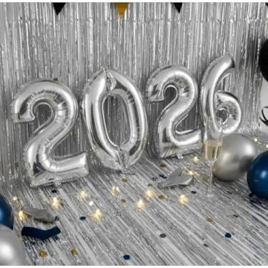 Imagem de Kit Balões Metalizados 2026 Ano Novo 40cm | Decoração de Réveillon Premium para Parede e Fotos - Números Grandes Prata com Válvula de Segurança (Não Flutua com Hélio)