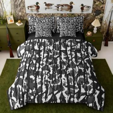 Imagem de Jogo de cama Queen camuflado em uma bolsa com edredom, lençóis, fronhas e capa de almofada, camuflado, caça, 7 peças, feminino, masculino, ultramilitar, conjunto com lençóis, cinza, preto e branco