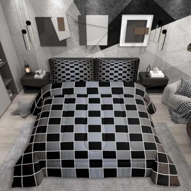 Imagem de Erosebridal Conjunto de edredom xadrez preto, marrom, cinza, ombré, para meninos e adolescentes, edredom de xadrez buffalo, 2 peças