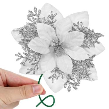 Imagem de Beeplove 12 peças de flores de poinsétia de veludo artificiais - presente de decoração de Natal de poinsétia brilhante, enfeites de prata para mesa de guirlanda de árvore de Natal