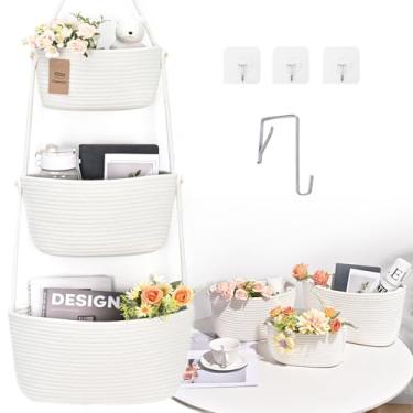 Imagem de Cestas de armazenamento suspensas, cesta de 3 camadas sobre a porta, armazenamento de cesta de parede de algodão, cesta removível para porta suspensa com 4 ganchos, organizador sobre a porta, berçário