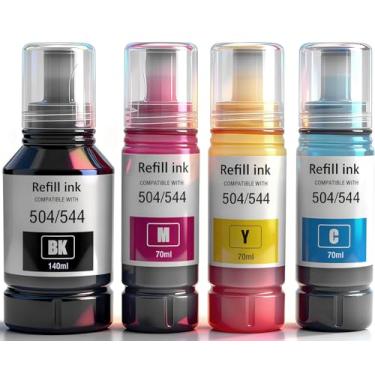 Imagem de T544/T504 refil de tinta compatível com Epson 504 544 refil de tinta para ET-2800 ET-2803 ET- 2720 ET-2760 ET-3760 L1210 L3210 L3250 L3260 impressora preta ciano magenta amarelo Pacote com 4 tintas