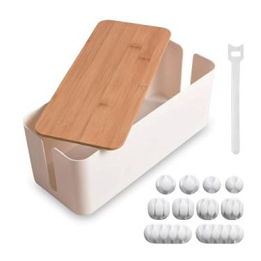 Imagem de Caixa de gerenciamento de cabos, 2 furos, 32 x 13,5 x 12,7 cm, caixa organizadora de cabos de tampa de madeira para mesa esconder tiras de energia, fios de TV, capa de cabo de material ABS