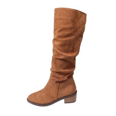 Imagem de Botas femininas na altura do joelho com bico redondo e bico fino, salto baixo, confortável, casual, design de costura, cabedal de pelúcia, Marrom, 35