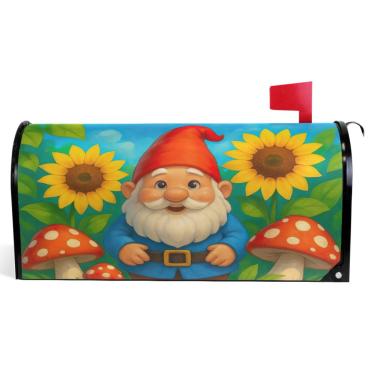 Imagem de TSENQUE Capas de caixa de correio decorativas magnéticas fofas gnomo cogumelo girassol primavera caixa de correio envoltórios vinil fazenda decoração de caixa de correio exterior tamanho grande 64,5 x