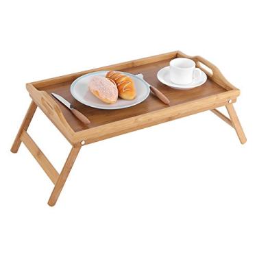 Imagem de Ejoyous Bandeja de cama de madeira, mesa de café da manhã portátil com pernas dobráveis, mesa de colo multiuso com borda elevada, para sofá multiuso, leitura, laptop, mesa de servir
