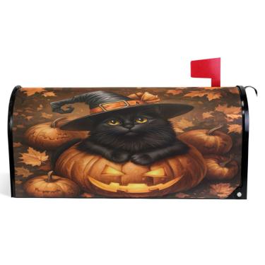 Imagem de TSENQUE Capas de caixa de correio magnéticas decorativas de vinil caixa de correio decorações de caixa de correio de casa de fazenda ao ar livre abóbora preta gato bruxa grande tamanho 64,5 x 52,8 cm