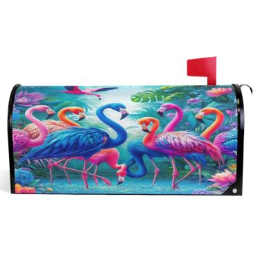 Imagem de TSENQUE Capas de caixa de correio magnéticas decorativas de outono envoltório de caixa de correio vinil azul flamingos coloridos à prova de intempéries decoração de caixa de correio de férias tamanho