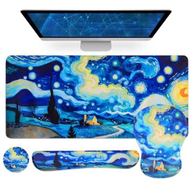 Imagem de Petmolico Conjunto de mouse pad com teclado de computador, mouse pad com descanso de pulso, almofada de pulso e porta-copos para copos, design ergonômico para alívio da dor [azul e amarelo, céu