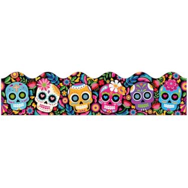 Imagem de FYSUIMU Quadro de avisos floral Mexicano Fiesta de 1,8 m Cinco de Mayo Flor Caveira Recortado Rolo de Acabamento para Decoração de Parede de Volta às Aulas Festa Casa Sala de Aula
