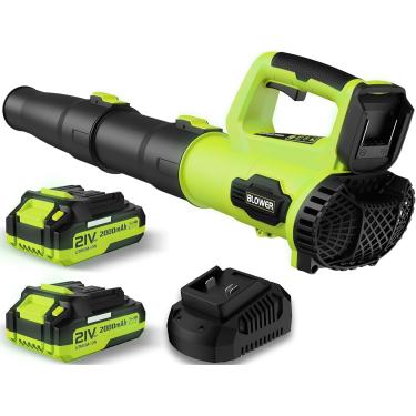 Imagem de Soprador de folhas, soprador de folhas elétrico sem fio de 21 V com 2 baterias de 2,0 Ah e carregador rápido de 1 hora, soprador de folhas leve para limpeza de pátio, cuidados com o gramado, soprando