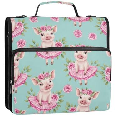 Imagem de Lindo organizador de fichário de coroas de flores de porcos em aquarela com zíper de 3,5 cm, 3 anéis, bolsa de fichário escolar resistente com alça de ombro, estojo de armazenamento com alça, 34,5 x