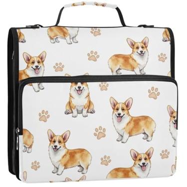 Imagem de Aquarela Corgi Dogs Estampas Branco 3 Fichários Anel D 1,5 Polegada D Organizador de Fichários Escolares Bolsa com Alça de Ombro Básico Multi Bolsos Pasta Grande Portfólio, 34,5 x 31,5 x 9 cm