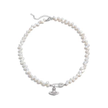 Imagem de IDOKAWA Gargantilha de pérola barroca, strass, prata, saturno, pingente banhado a ouro 18 quilates, joia Y2k, joia feminina, corrente de pérolas de casamento