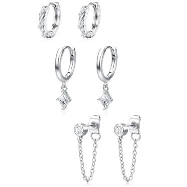 Imagem de ZELORES 3 pares de brincos de argola banhados a ouro 14K para mulheres, conjunto de brincos de argola com pingente de corrente moderna, cartilagem de hélice, brincos para vários piercings, Cobre