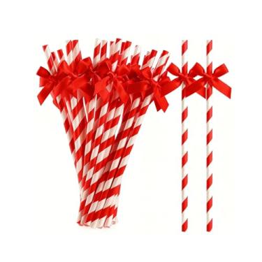 Imagem de 20 canudos de laço vermelho, gravatas-borboleta descartáveis canudos decorativos para coquetel, canudo de papel fofo biodegradável de 19,6 cm, aniversário, piquenique, casamento, suprimentos de festa
